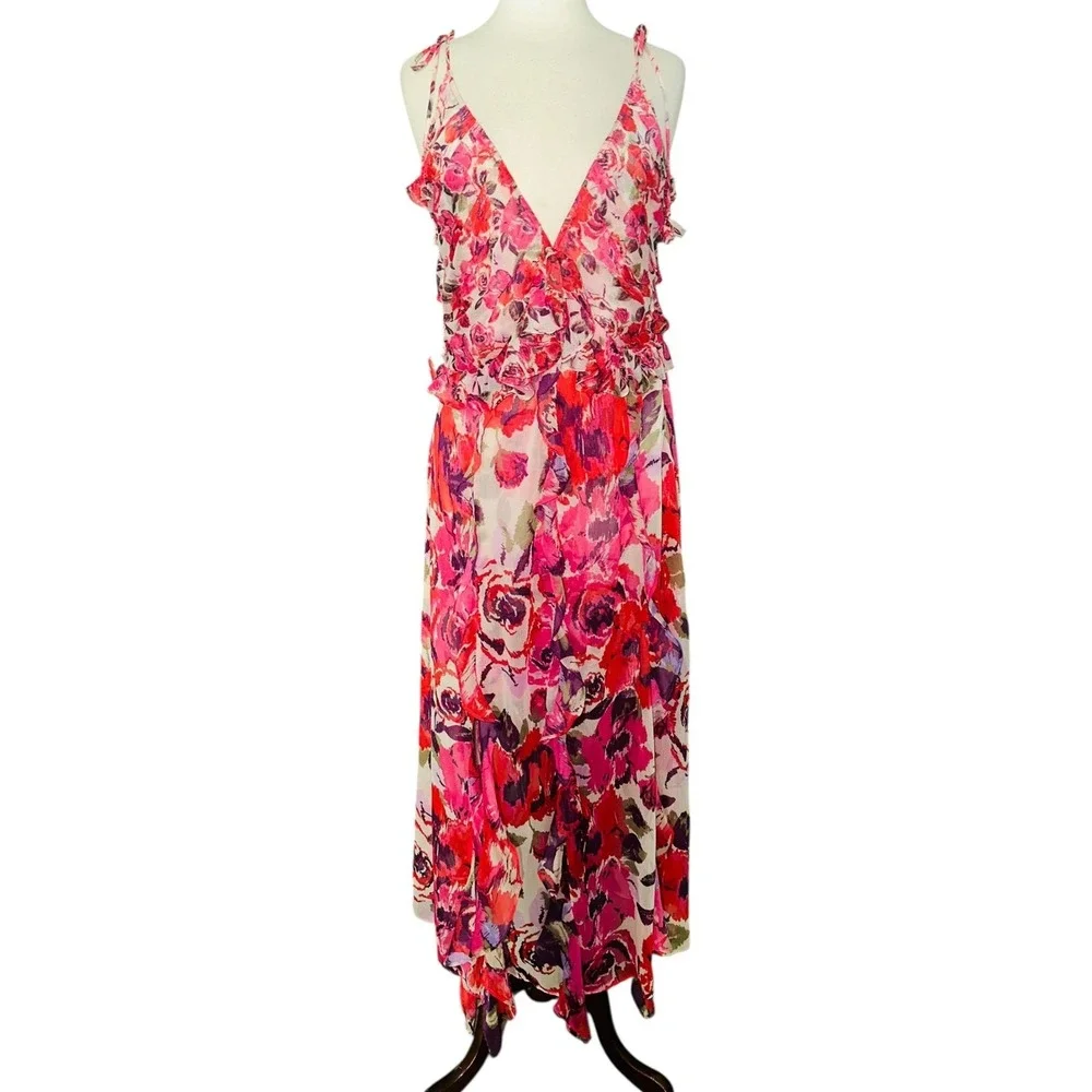MISA Los Angeles Pink Red Diana Floral Ruffle Maxi Dress Size L Chiffon Boho A6